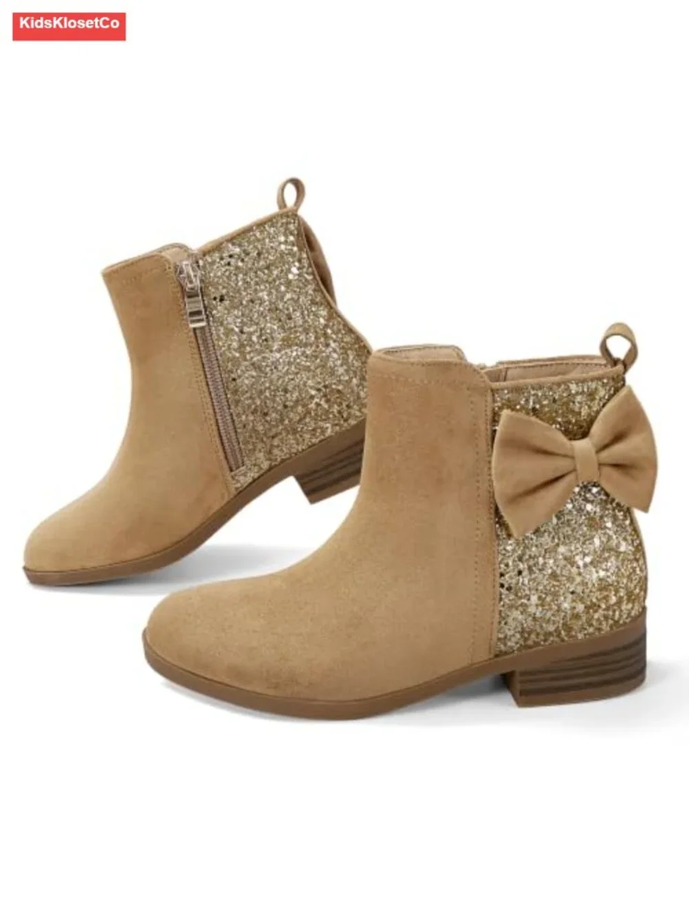 Girls Bow Glitter Ankle Boots Side Zipper Low Heel Dress Shoes